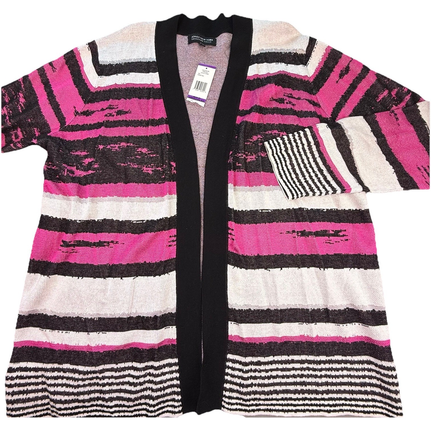 Jones New York Womens Sweater 2x Plus Pink Black Striped Open Front Career Nwt